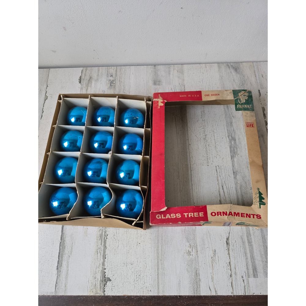 Vintage Frankie blue solid glass ornament set box Xmas tree